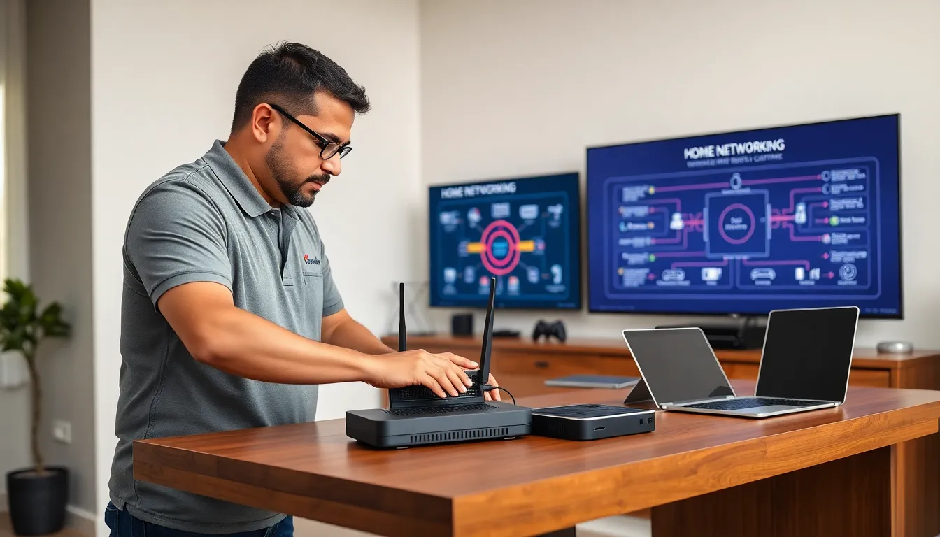 technician installing a home networking system in a modern office.