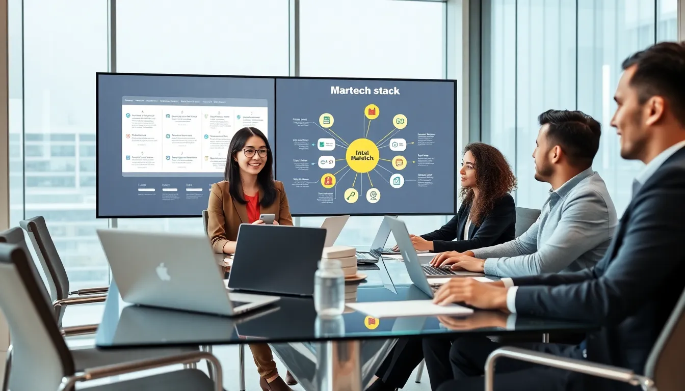 diverse marketing team analyzing a digital martech stack in a modern workspace.